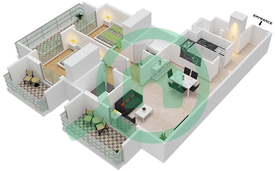 百慕大景观 - 2 卧室公寓类型／单位A1/03 FLOOR 01戶型图 Floor 1 interactive3D