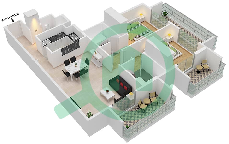 المخططات الطابقية لتصميم النموذج / الوحدة A2/06 FLOOR 1 شقة 2 غرفة نوم - برمودا فيوز Floor 1 interactive3D