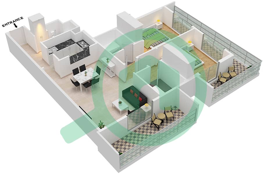 المخططات الطابقية لتصميم النموذج / الوحدة A2/06 FLOOR 02 شقة 2 غرفة نوم - برمودا فيوز Floor 02 interactive3D