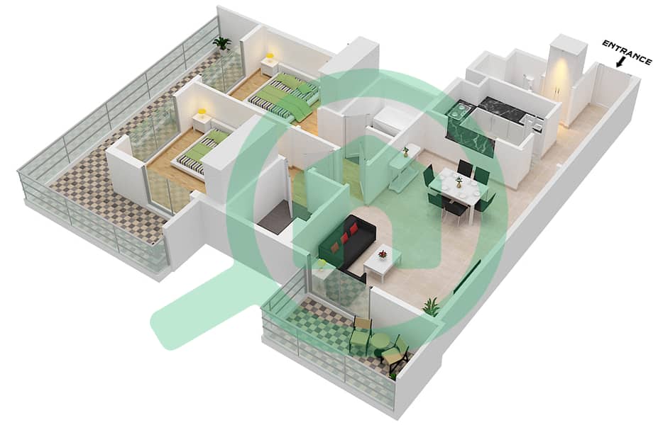 百慕大景观 - 2 卧室公寓类型／单位A1/03 FLOOR 4-15戶型图 Floor 4-15 interactive3D