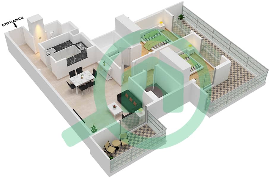 百慕大景观 - 2 卧室公寓类型／单位A2/06 FLOOR 4-15戶型图 Floor 4-15 interactive3D