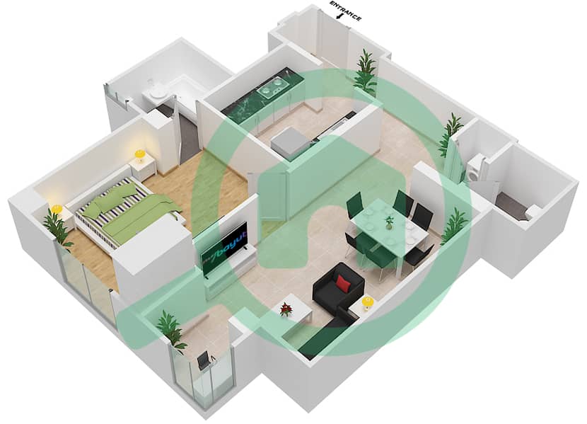 المخططات الطابقية لتصميم التصميم 01 شقة 1 غرفة نوم - برج أتيسا interactive3D