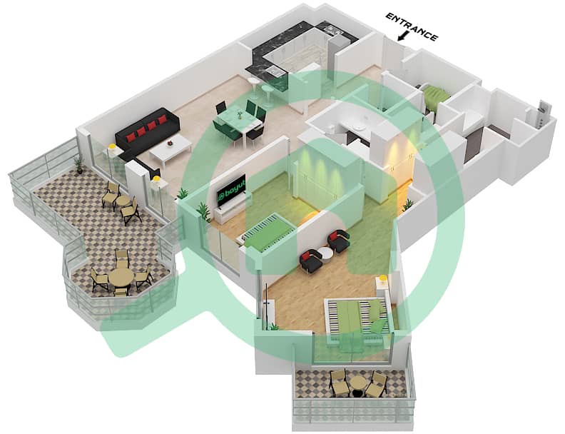 Джаш Хамад - Апартамент 2 Cпальни планировка Тип F interactive3D