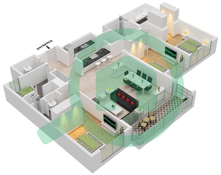 المخططات الطابقية لتصميم الوحدة 8 FLOOR 9-13 شقة 3 غرف نوم - مساكن فيدا 2 interactive3D