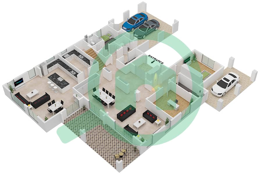 المخططات الطابقية لتصميم النموذج 5 فيلا تجارية 6 غرف نوم - أصيل Ground Floor interactive3D