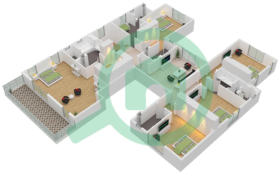 المخططات الطابقية لتصميم النموذج 5 فيلا تجارية 6 غرف نوم - أصيل First Floor interactive3D