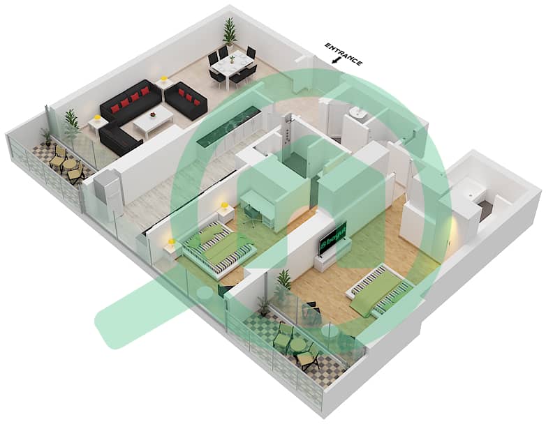 Manazel Al Safa - 2 Bedroom Apartment Type/unit A/2,5 Floor plan Floor 2-8,11,20 interactive3D
