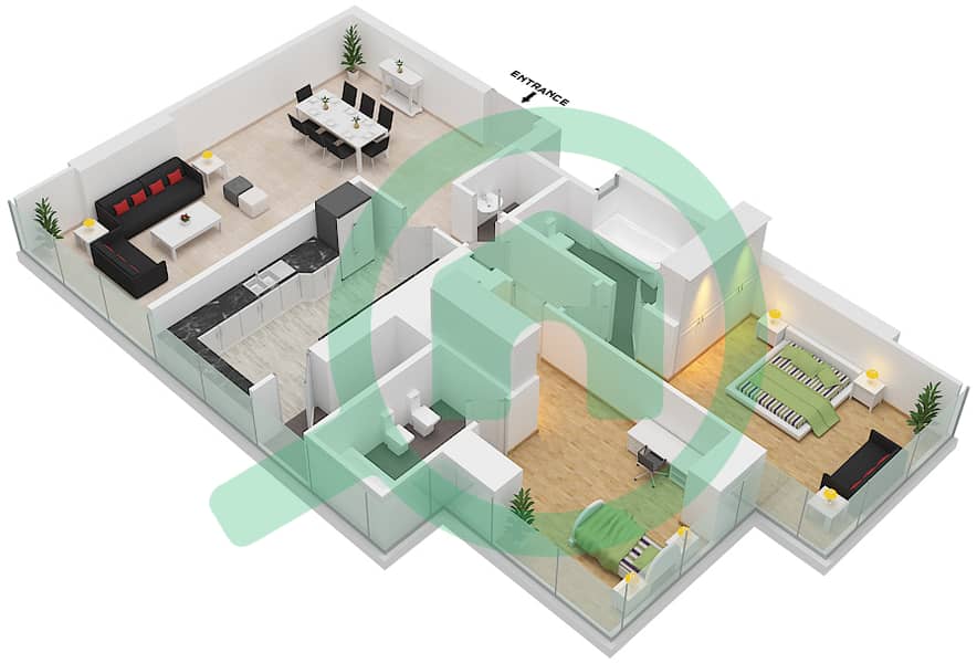 المخططات الطابقية لتصميم النموذج / الوحدة B/1,3,4,6 شقة 2 غرفة نوم - منازل الصفا Floor 9,10,18,19 interactive3D