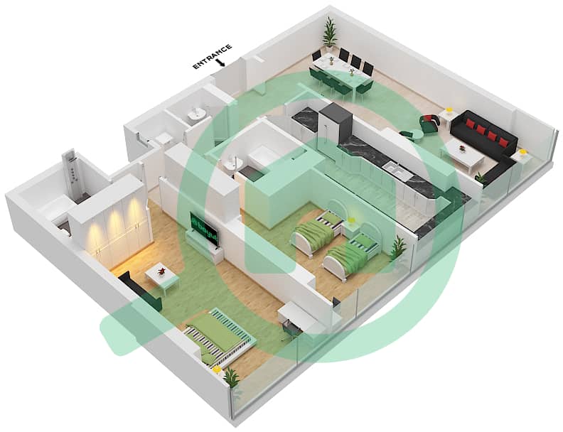 马纳泽尔-阿尔萨法 - 2 卧室公寓类型／单位B/2,5戶型图 Floor 9,10,18,19 interactive3D