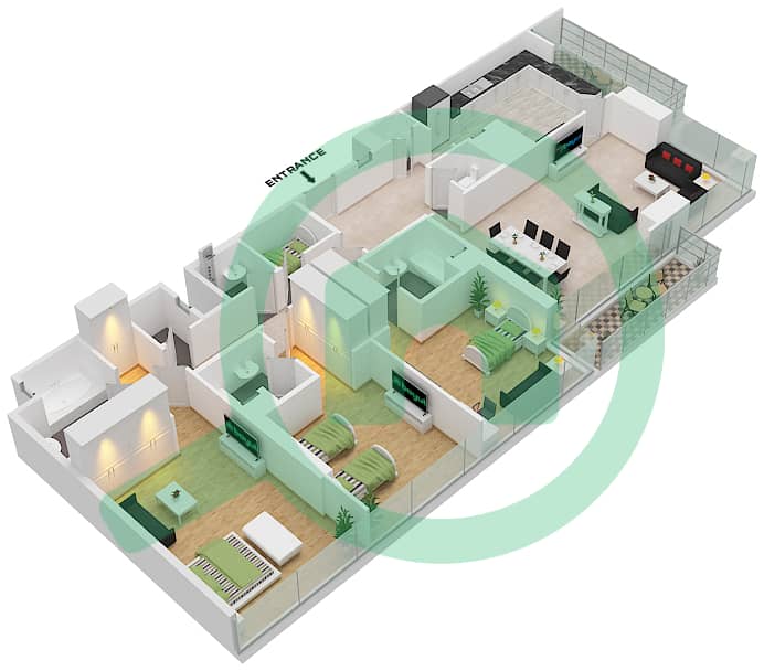 Manazel Al Safa - 3 Bedroom Apartment Type/unit A/2,4 Floor plan Floor 29-38 interactive3D