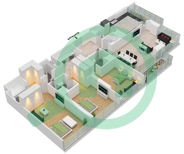Маналь Аль Сафа - Апартамент 3 Cпальни планировка Тип/мера A/1,3 Floor 29-38 interactive3D