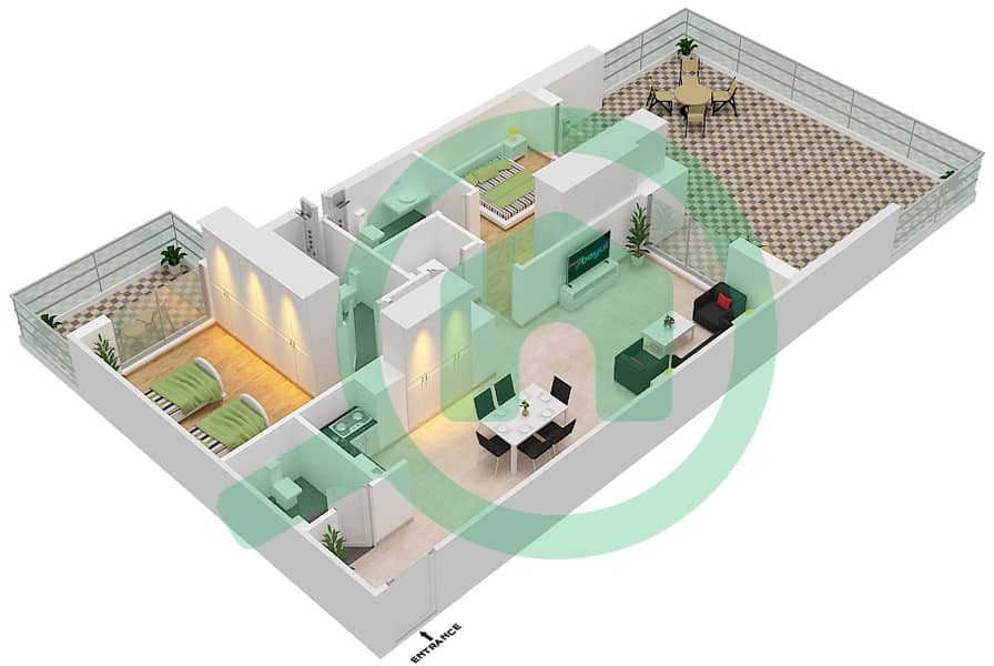Аль Раха Лофтс - Апартамент 2 Cпальни планировка Тип 2B-4 interactive3D