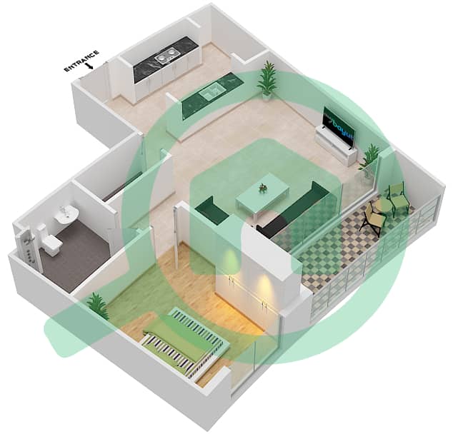 المخططات الطابقية لتصميم النموذج 1F-T شقة 1 غرفة نوم - الریف داون تاون interactive3D