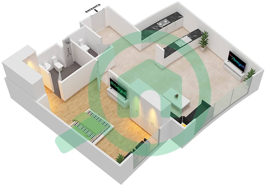 المخططات الطابقية لتصميم النموذج 1H-T شقة 1 غرفة نوم - الریف داون تاون interactive3D