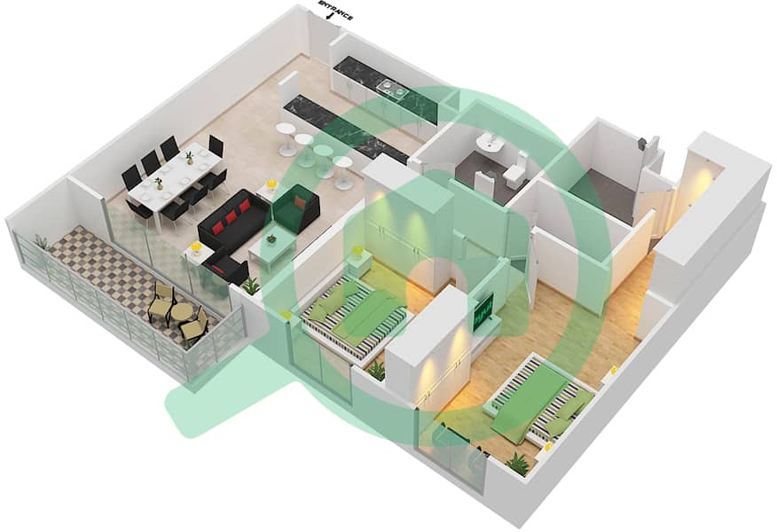 Аль Риф Даунтаун - Апартамент 2 Cпальни планировка Тип 2C-T interactive3D