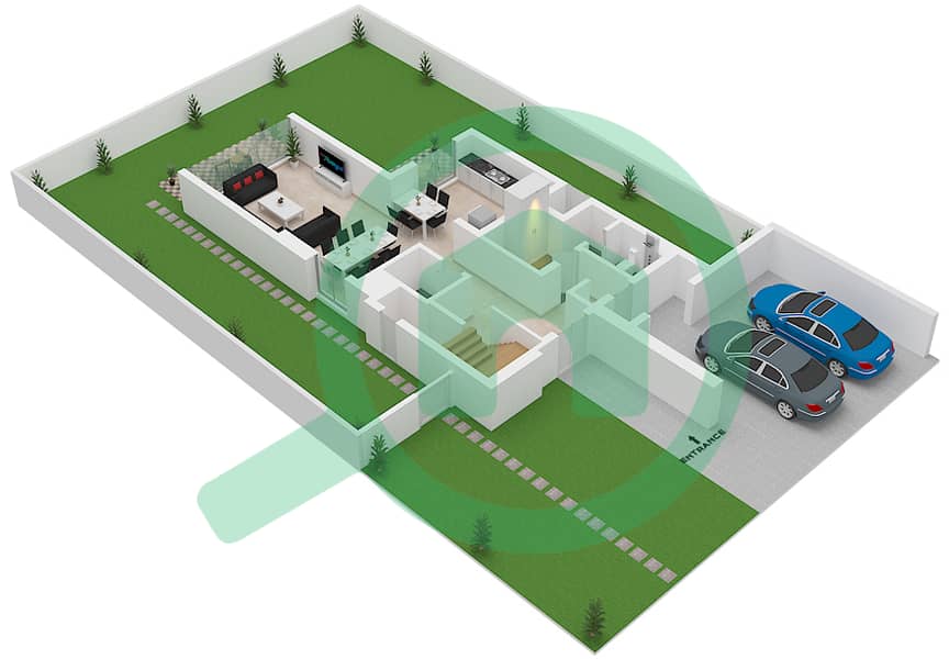المخططات الطابقية لتصميم الوحدة 4 فیلا 3 غرف نوم - جولف لينكس Ground Floor interactive3D