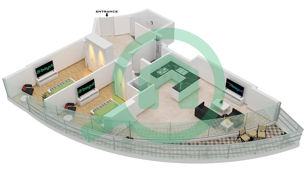 المخططات الطابقية لتصميم الوحدة 808-908-1008 شقة 2 غرفة نوم - برج زينيث A2 interactive3D