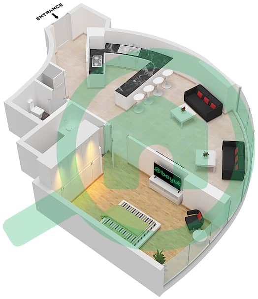 المخططات الطابقية لتصميم النموذج 01 شقة 1 غرفة نوم - برج زينيث A2 interactive3D