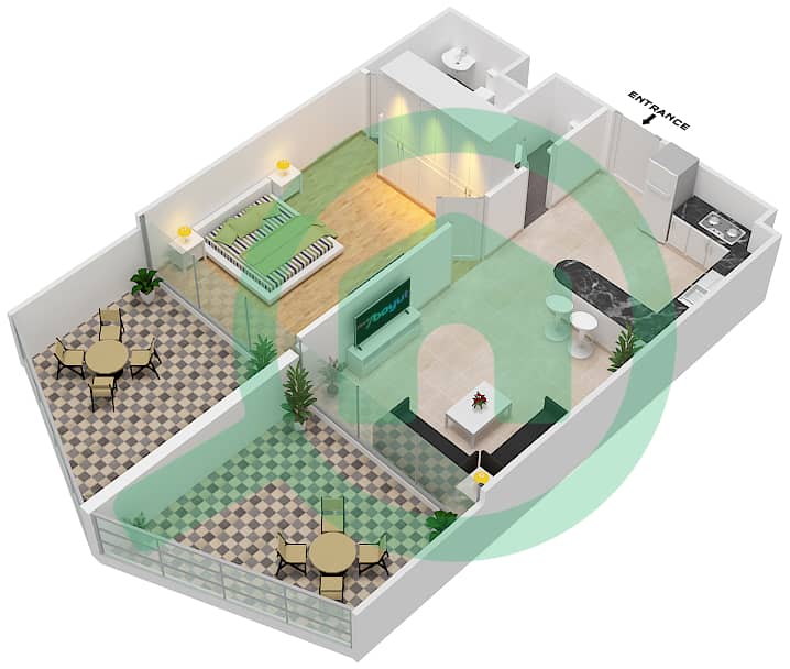宾格蒂景观公寓 - 1 卧室公寓套房512戶型图 interactive3D