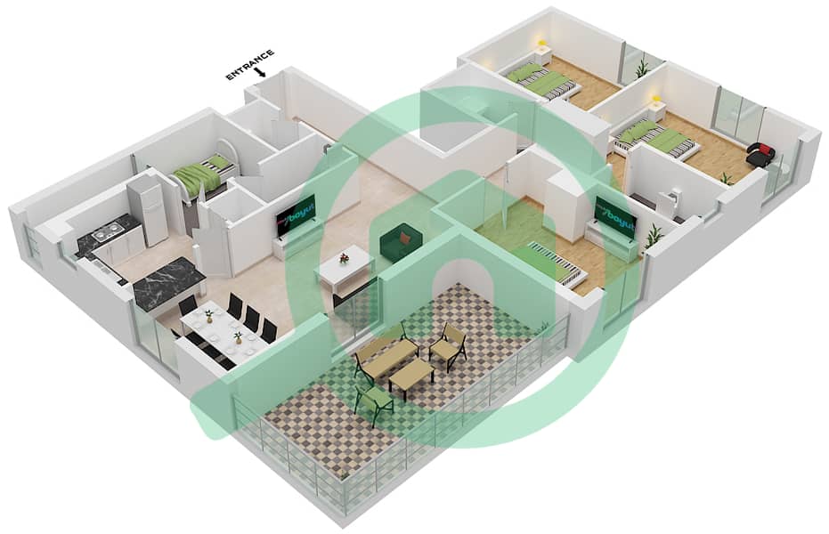 Sapphire Beach Residence by Eagle Hills - 3 Bedroom Apartment Type/unit 3D-2M/615 Floor plan interactive3D