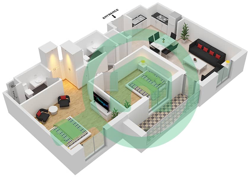 雄鹰山庄蓝宝石海滩公寓 - 2 卧室公寓类型／单位2E/505戶型图 interactive3D