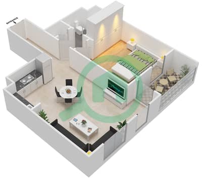 المخططات الطابقية لتصميم النموذج D شقة 1 غرفة نوم - الزاهية