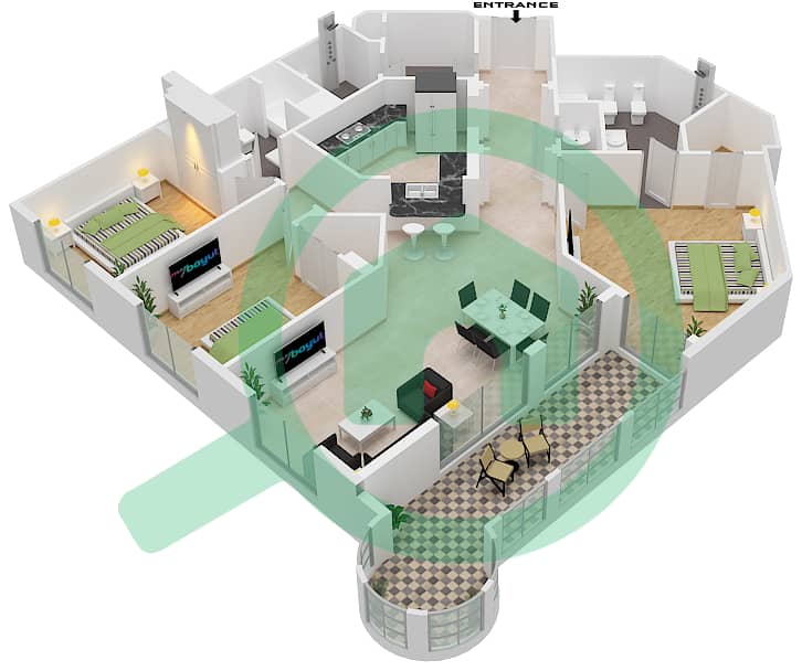 المخططات الطابقية لتصميم النموذج A شقة 3 غرف نوم - الحلاوي interactive3D