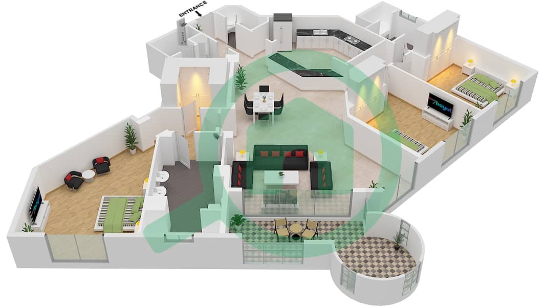المخططات الطابقية لتصميم النموذج C شقة 3 غرف نوم - الحلاوي interactive3D