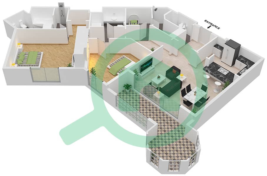 المخططات الطابقية لتصميم النموذج E شقة 2 غرفة نوم - البصري interactive3D