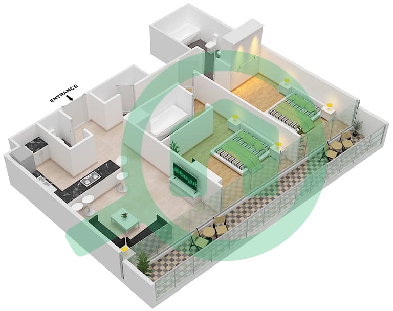 المخططات الطابقية لتصميم الوحدة 4 شقة 2 غرفة نوم - مساكن النسيم A Floor 2 interactive3D