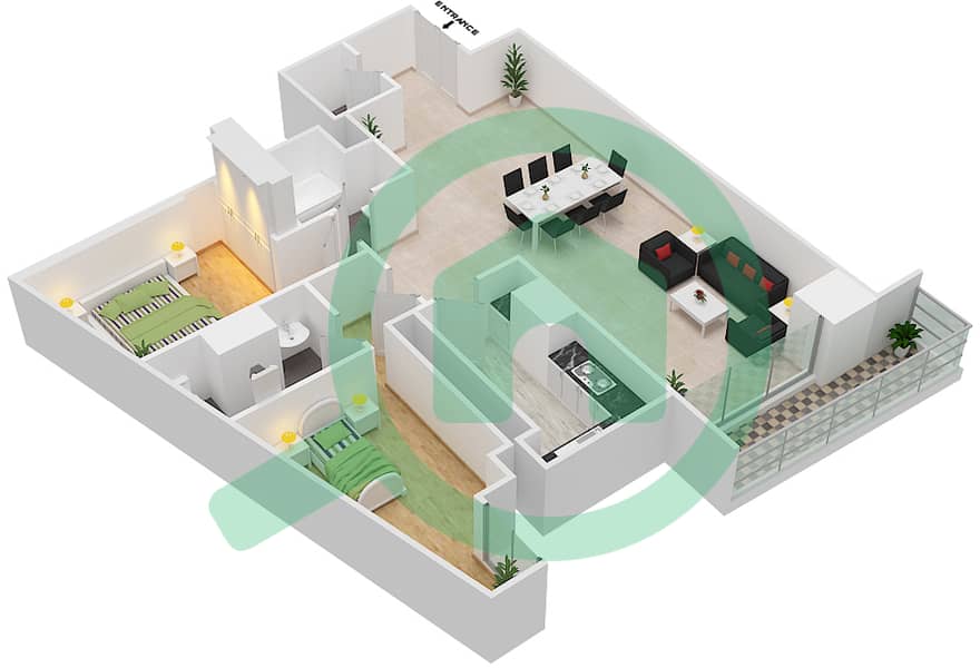 المخططات الطابقية لتصميم الوحدة 1 شقة 2 غرفة نوم - برج مارينا هايتس interactive3D