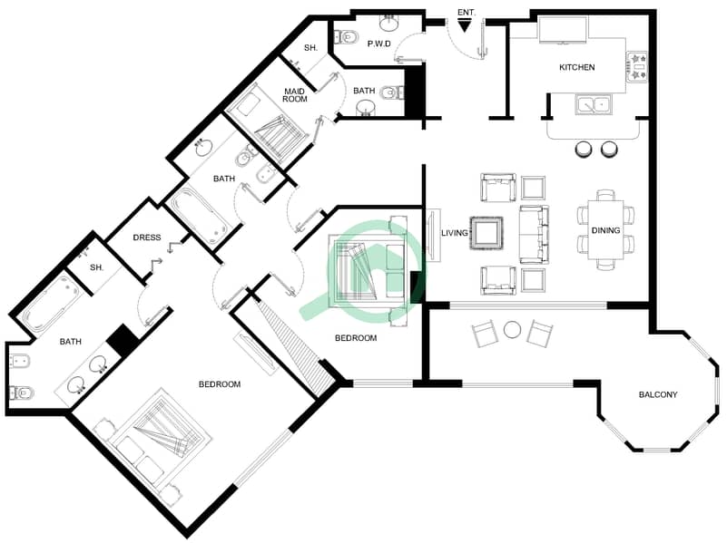 المخططات الطابقية لتصميم النموذج E شقة 2 غرفة نوم - السرود interactive3D