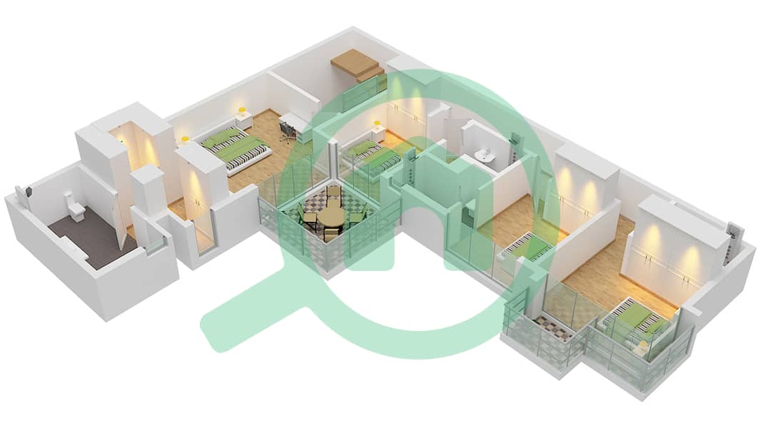 المخططات الطابقية لتصميم النموذج A فیلا 4 غرف نوم - الطراز 1 First Floor interactive3D