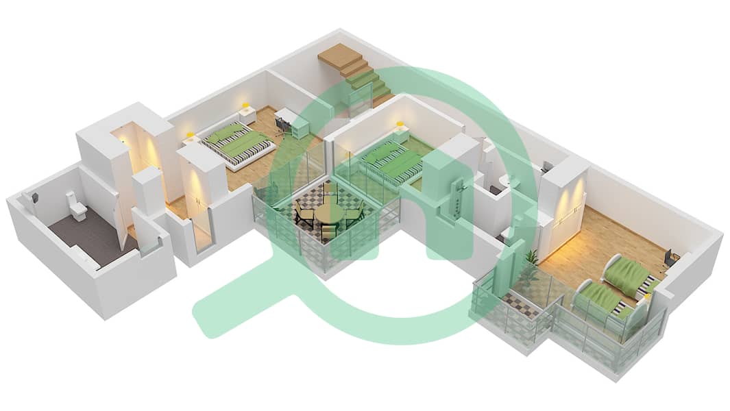 المخططات الطابقية لتصميم النموذج A فیلا 3 غرف نوم - الطراز 3 First Floor interactive3D