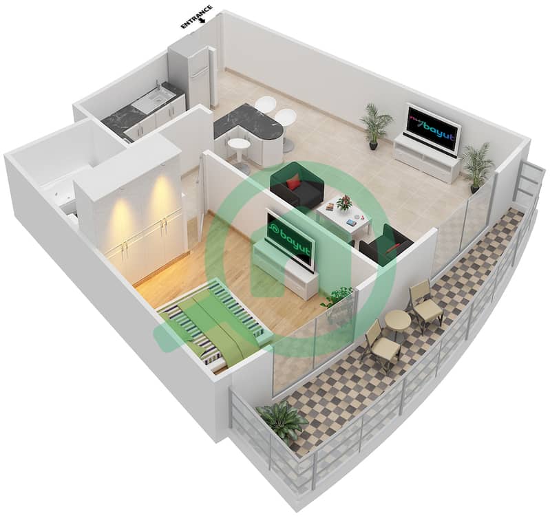المخططات الطابقية لتصميم النموذج A شقة 1 غرفة نوم - قوس السيليكون interactive3D