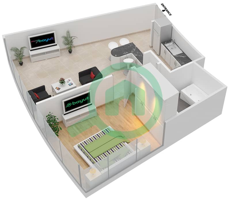 المخططات الطابقية لتصميم النموذج B شقة 1 غرفة نوم - قوس السيليكون interactive3D
