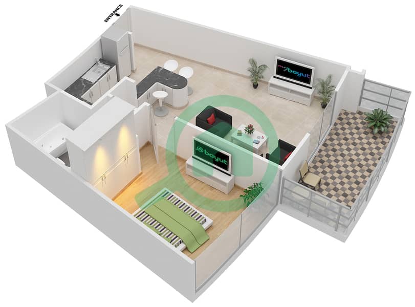 المخططات الطابقية لتصميم النموذج C شقة 1 غرفة نوم - قوس السيليكون interactive3D