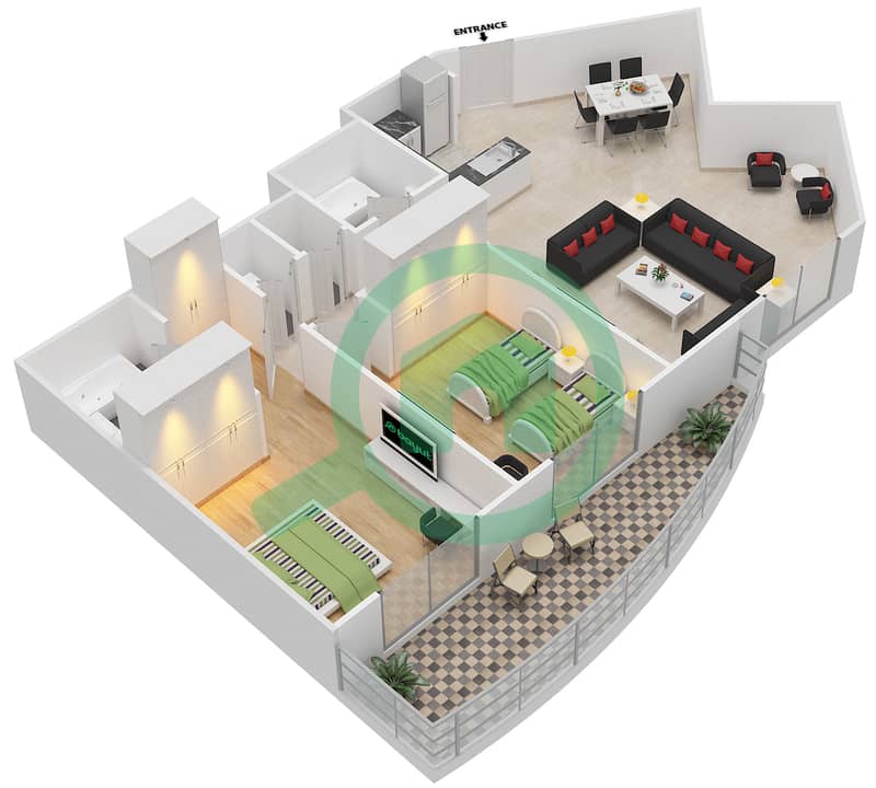 المخططات الطابقية لتصميم النموذج D شقة 2 غرفة نوم - قوس السيليكون interactive3D