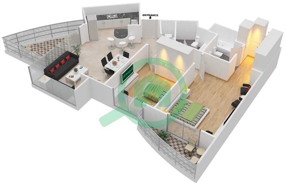 المخططات الطابقية لتصميم النموذج E شقة 2 غرفة نوم - قوس السيليكون interactive3D