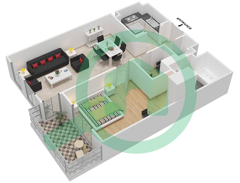 轴心银色公寓1号 - 1 卧室公寓类型／单位B/2戶型图 interactive3D