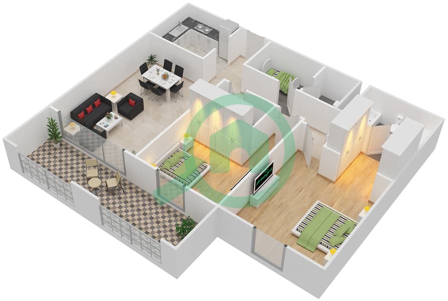蓝宝石公寓 - 2 卧室公寓类型／单位D/1,3,6,7戶型图 Floor 6-7
Unit 1,3,6,7 interactive3D