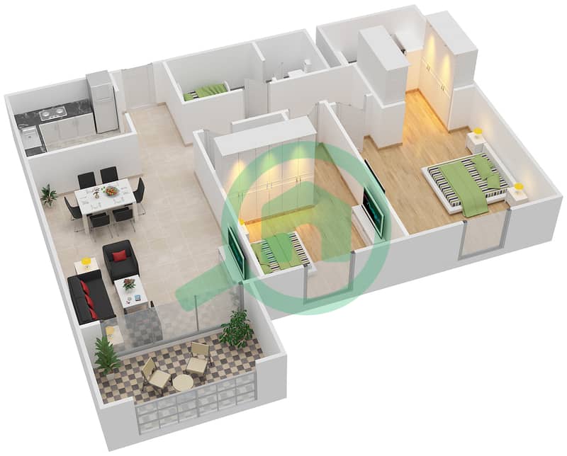 Сапфир Резиденс - Апартамент 2 Cпальни планировка Тип/мера E/ 4-5,8-9 Floor 6-7 interactive3D