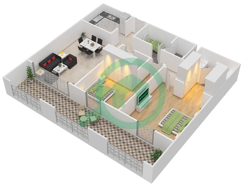 蓝宝石公寓 - 2 卧室公寓类型／单位B /2戶型图 Floor 8 interactive3D