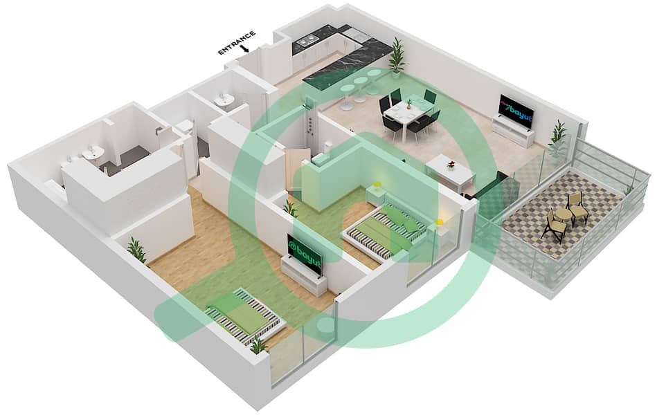 المخططات الطابقية لتصميم النموذج 21 شقة 2 غرفة نوم - مايان 1 interactive3D
