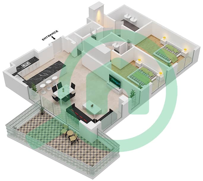 玛雅1号楼 - 2 卧室公寓类型2F.1戶型图 interactive3D