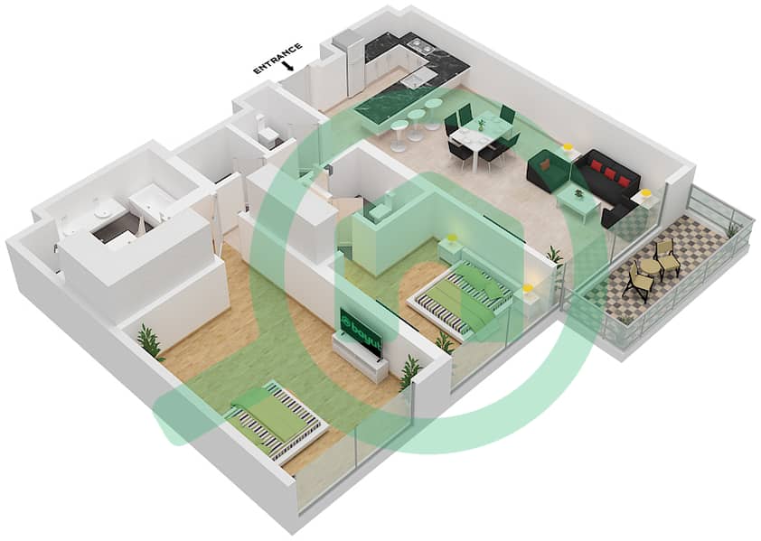 玛雅1号楼 - 2 卧室公寓类型2戶型图 interactive3D