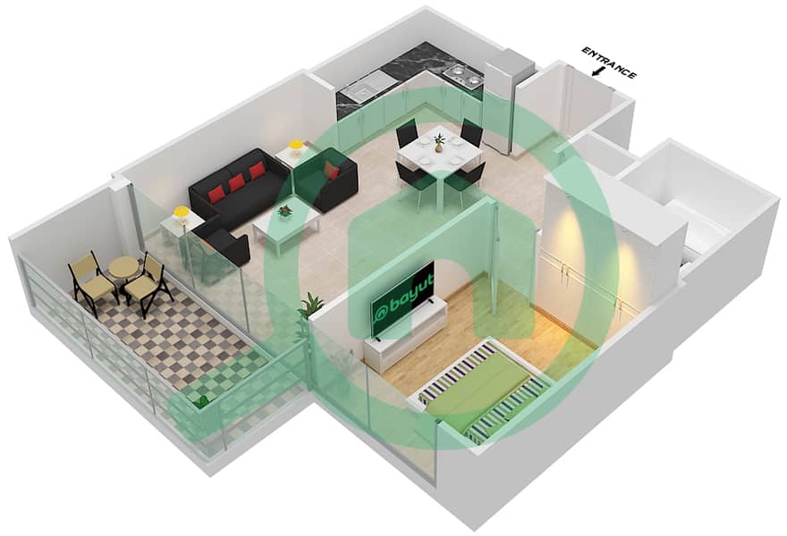 المخططات الطابقية لتصميم الوحدة 4 شقة 1 غرفة نوم - 5242 برج 1 Floor 6-26,28-33 interactive3D