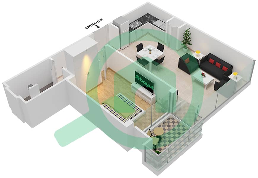 المخططات الطابقية لتصميم الوحدة 6 شقة 1 غرفة نوم - 5242 برج 1 Floor 8 interactive3D