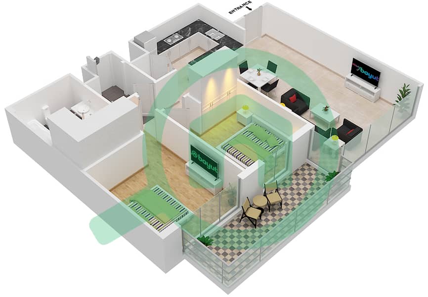 المخططات الطابقية لتصميم الوحدة 2A شقة 2 غرفة نوم - 5242 برج 1 Floor 6 interactive3D