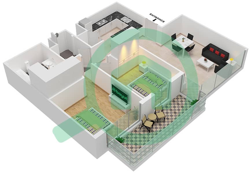 المخططات الطابقية لتصميم الوحدة 8A شقة 2 غرفة نوم - 5242 برج 1 Floor 11,21 interactive3D